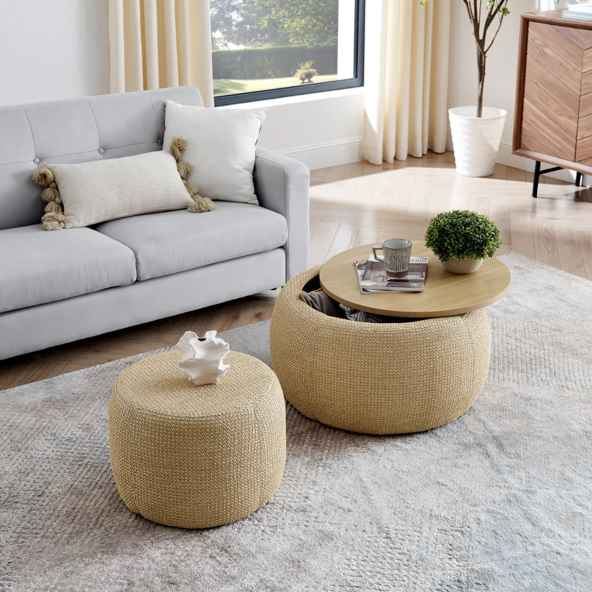 Round Woven Rattan Storage Ottoman with End Table Top – view 3