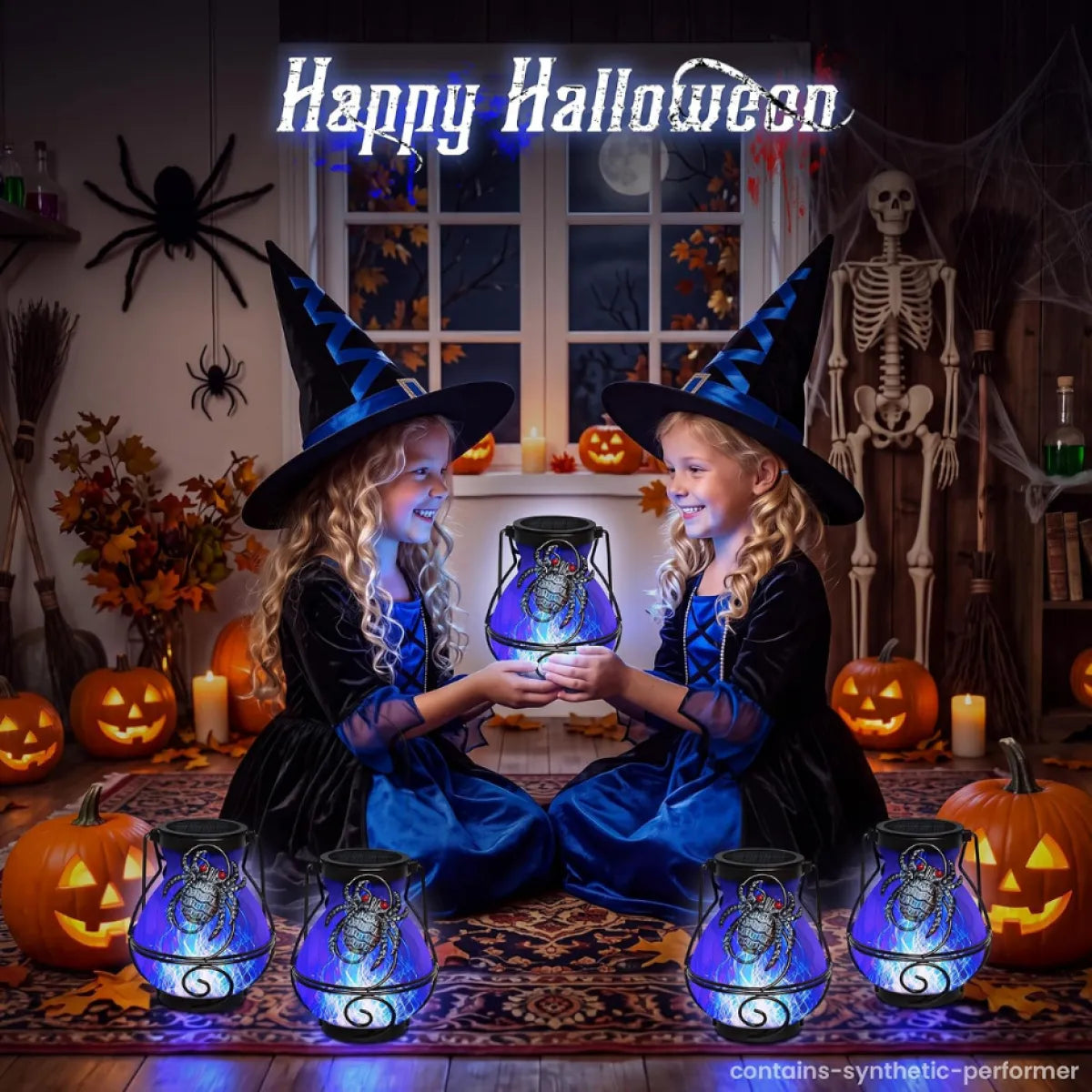 Halloween Solar Spider Lanterns, Set of 2, Flickering Flame
