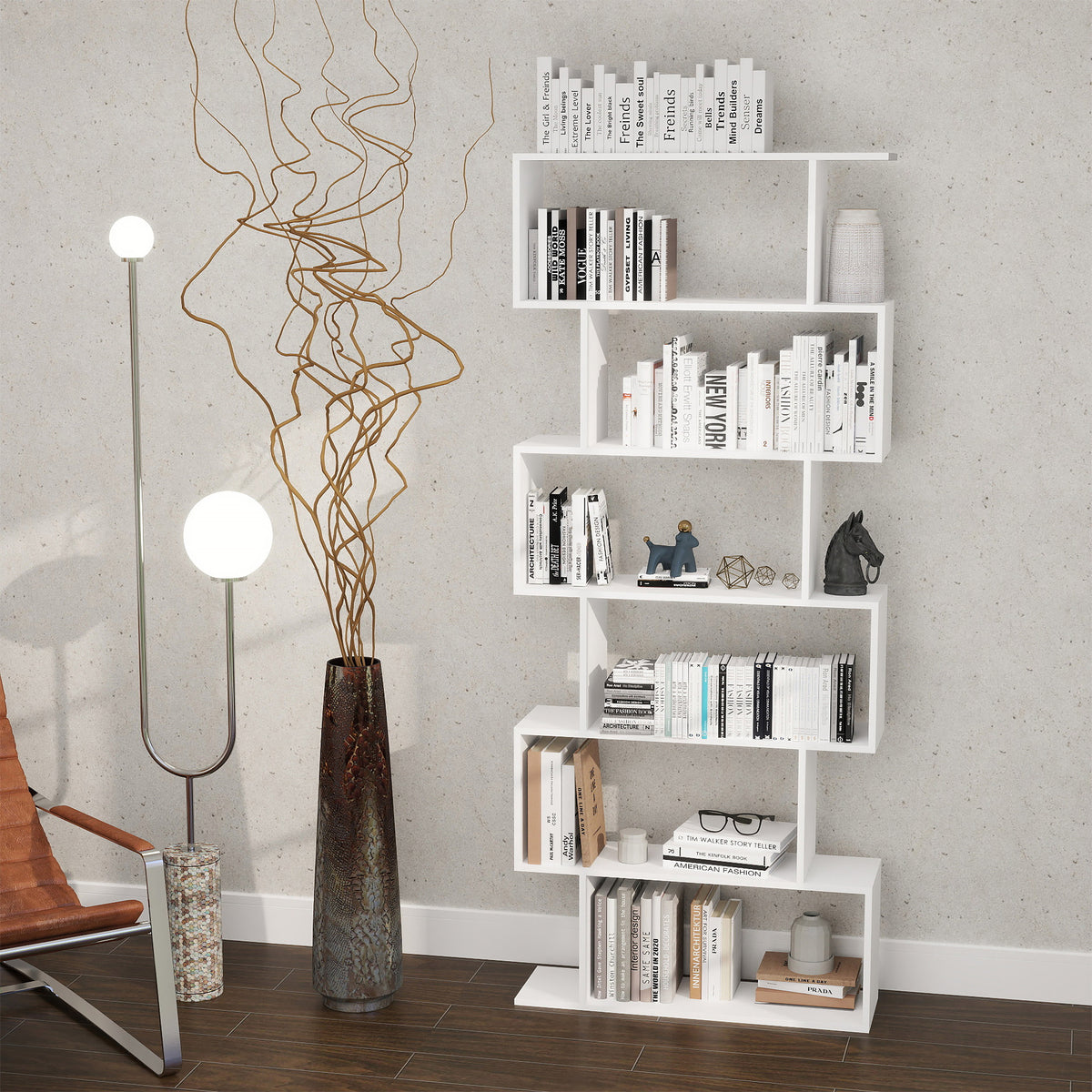 S-shaped 6-tier bookcase, white