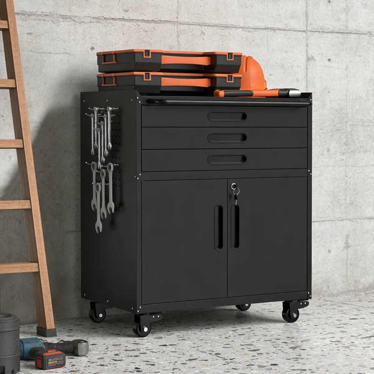 Rolling Metal Tool Cabinet with Lockable Doors and 3 Drawers, Black