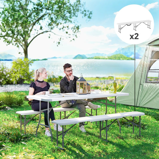 Folding Outdoor Bench Set of 2 – Weatherproof HDPE Camping & Garden Benches, White