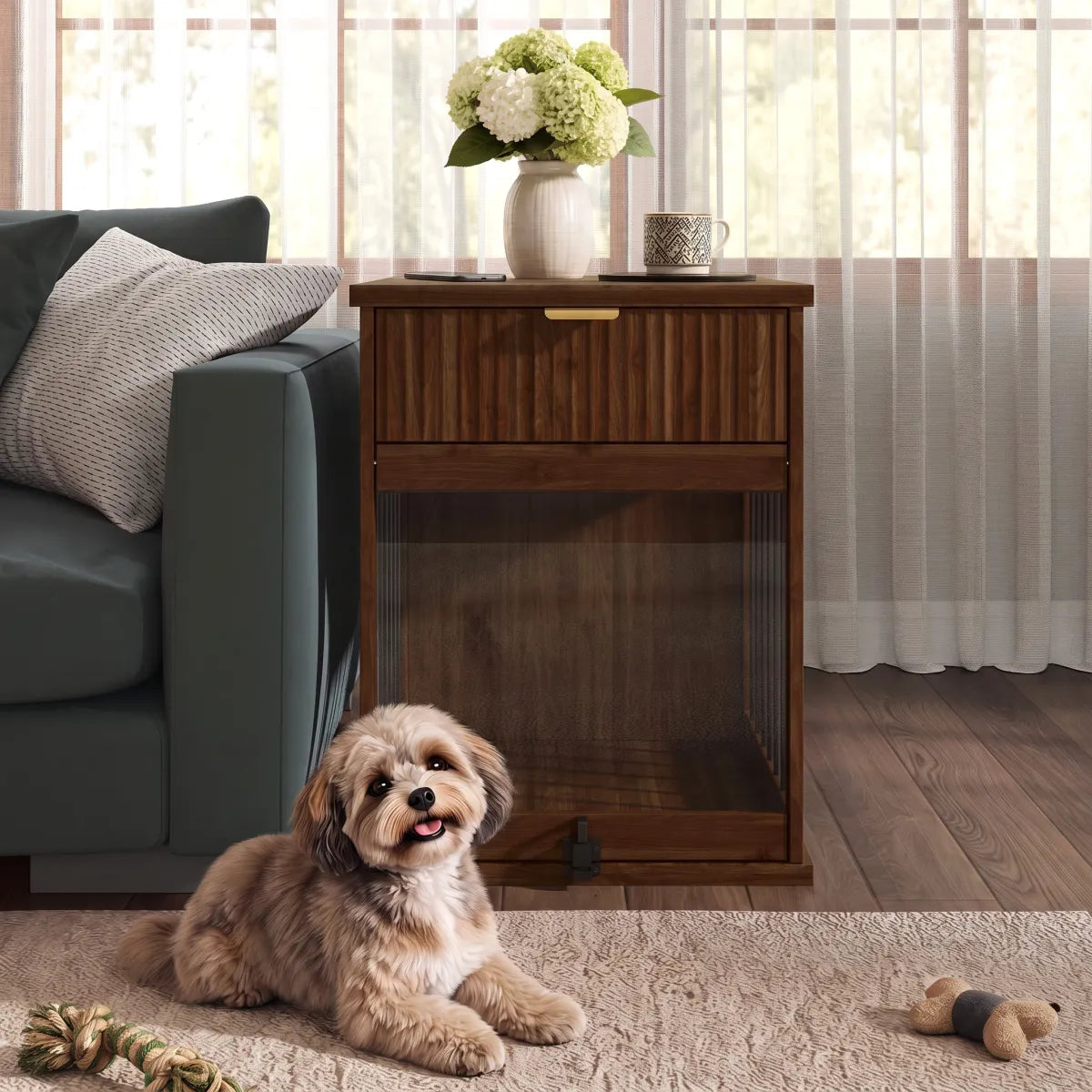 Dog Crate End Table with Charging Station, Wooden Pet Cabinet with Hideaway Glass Door