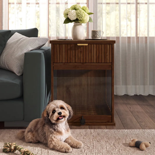 Dog Crate End Table with Charging Station, Wooden Pet Cabinet with Hideaway Glass Door