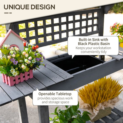 Wooden Garden Potting Bench with Hidden Storage and Sliding Tabletop, Gray