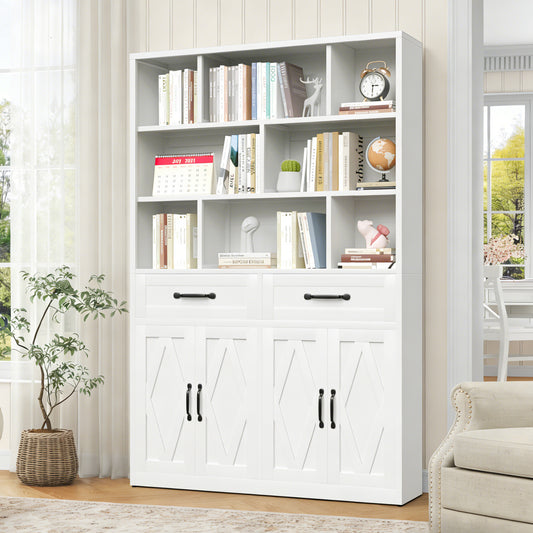 71 inch metal bookcase with doors and drawers, white