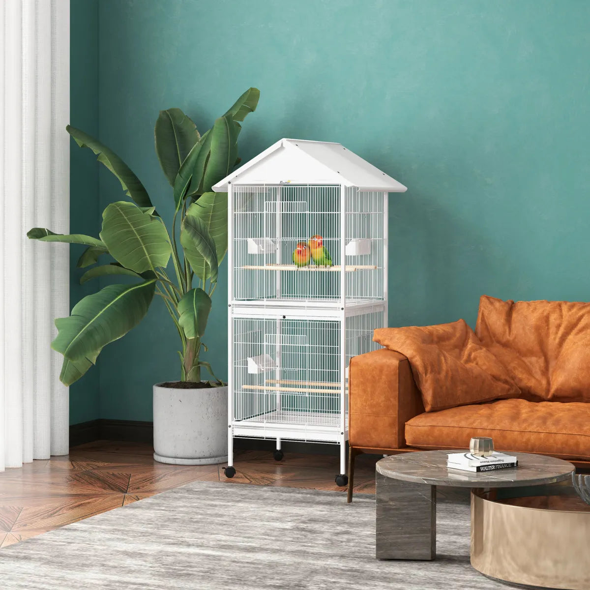 Wrought Metal Bird Cage Feeder with Rolling Stand, White
