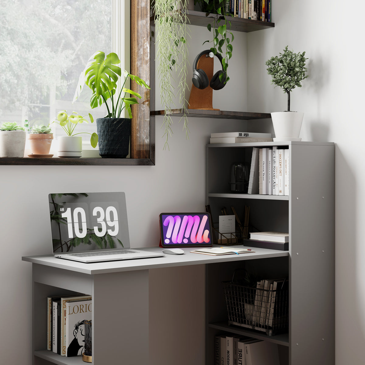Compact computer desk with 6-tier bookshelf, gray