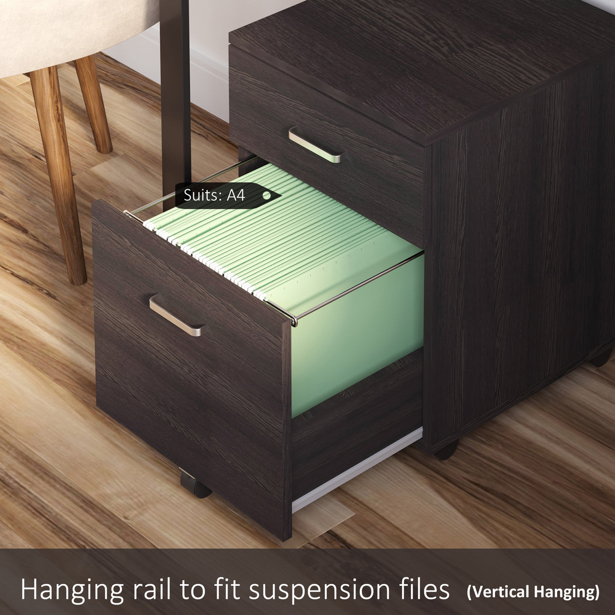 Compact rolling filing cabinet, black wood grain