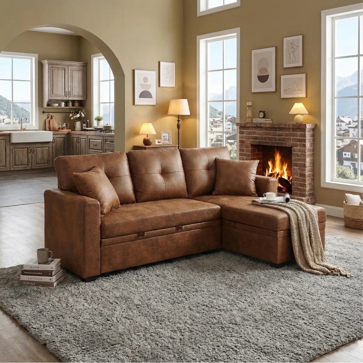 L-Shaped Pull-Out Sleeper Sofa – Reversible Chaise, Storage Sectional, Light Brown – view 2