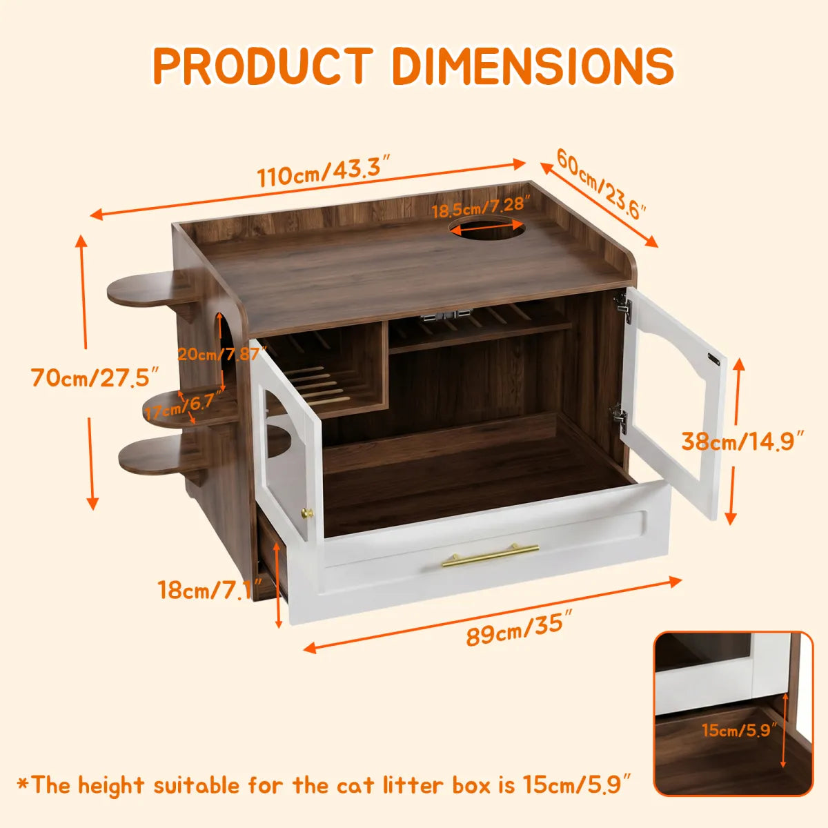 Cat Litter Box Enclosure Cabinet with Acrylic Door, Brown White