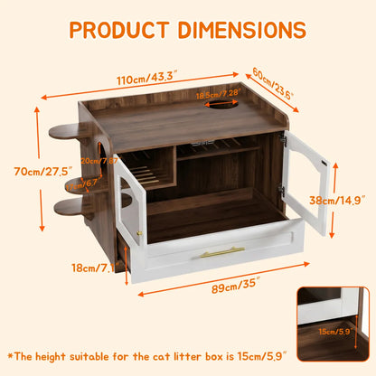Cat Litter Box Enclosure Cabinet with Acrylic Door, Brown White