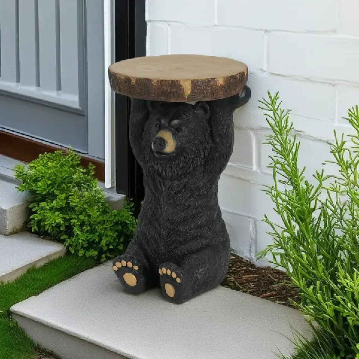 Black Bear Statue Side Table, Hand-Painted Sculpture End Table