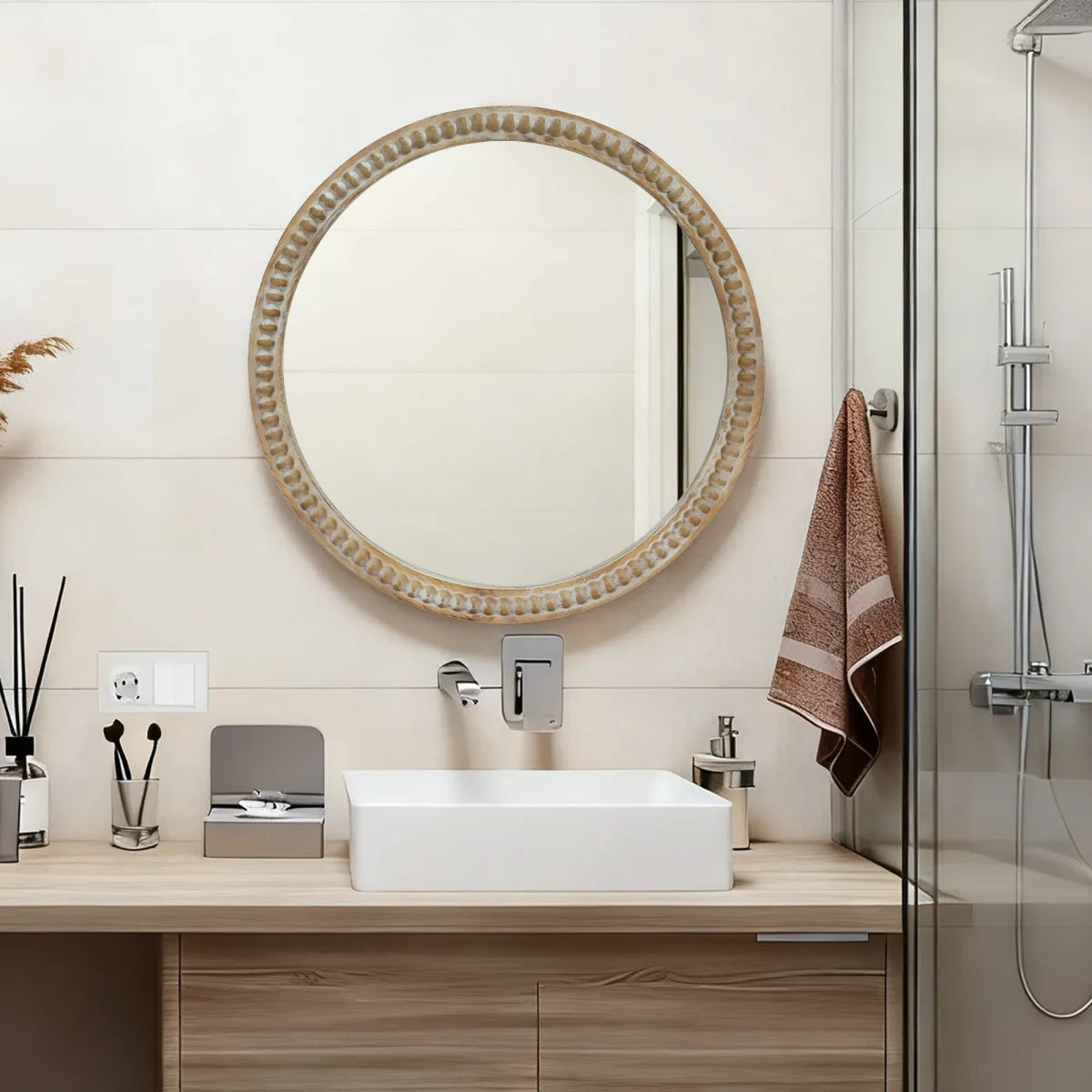 Round Distressed Wood Beaded Frame Accent Mirror