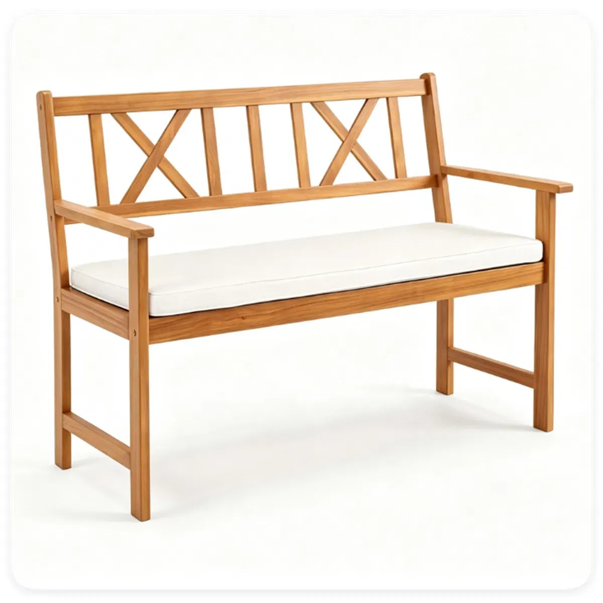 2-Person Acacia Wood Outdoor Loveseat Bench with Removable White Cushion
