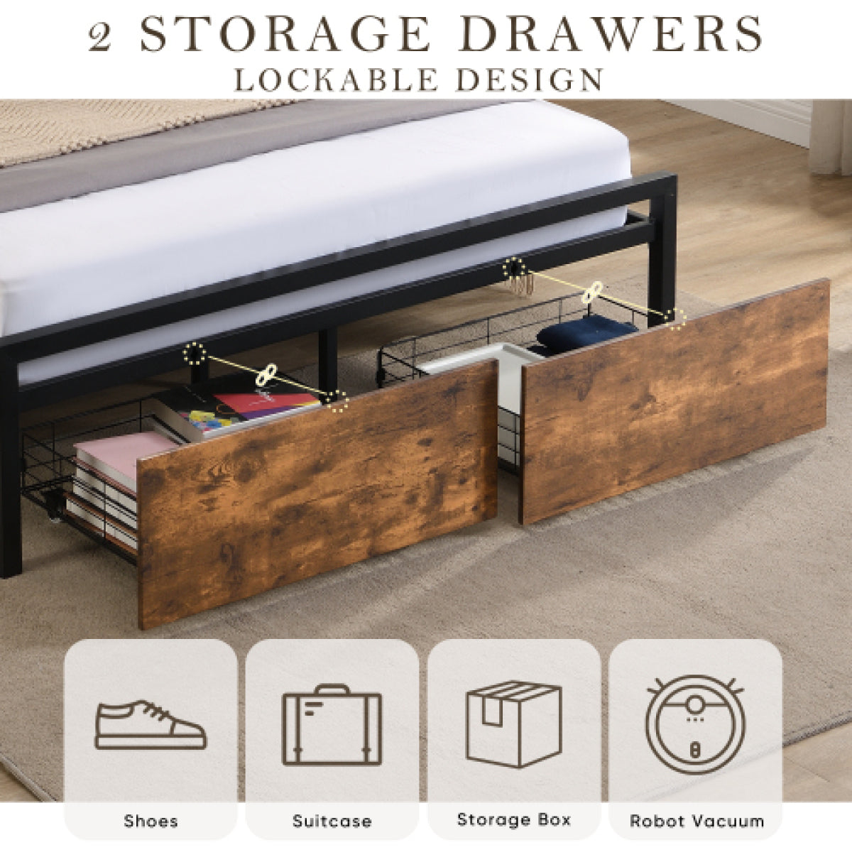 Full Size LED Platform Bed Frame – Metal & Wood, Storage Headboard – view 9