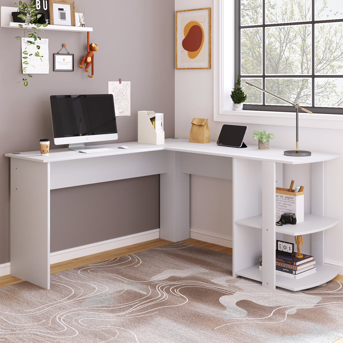 140cm L-shaped corner desk with storage, white