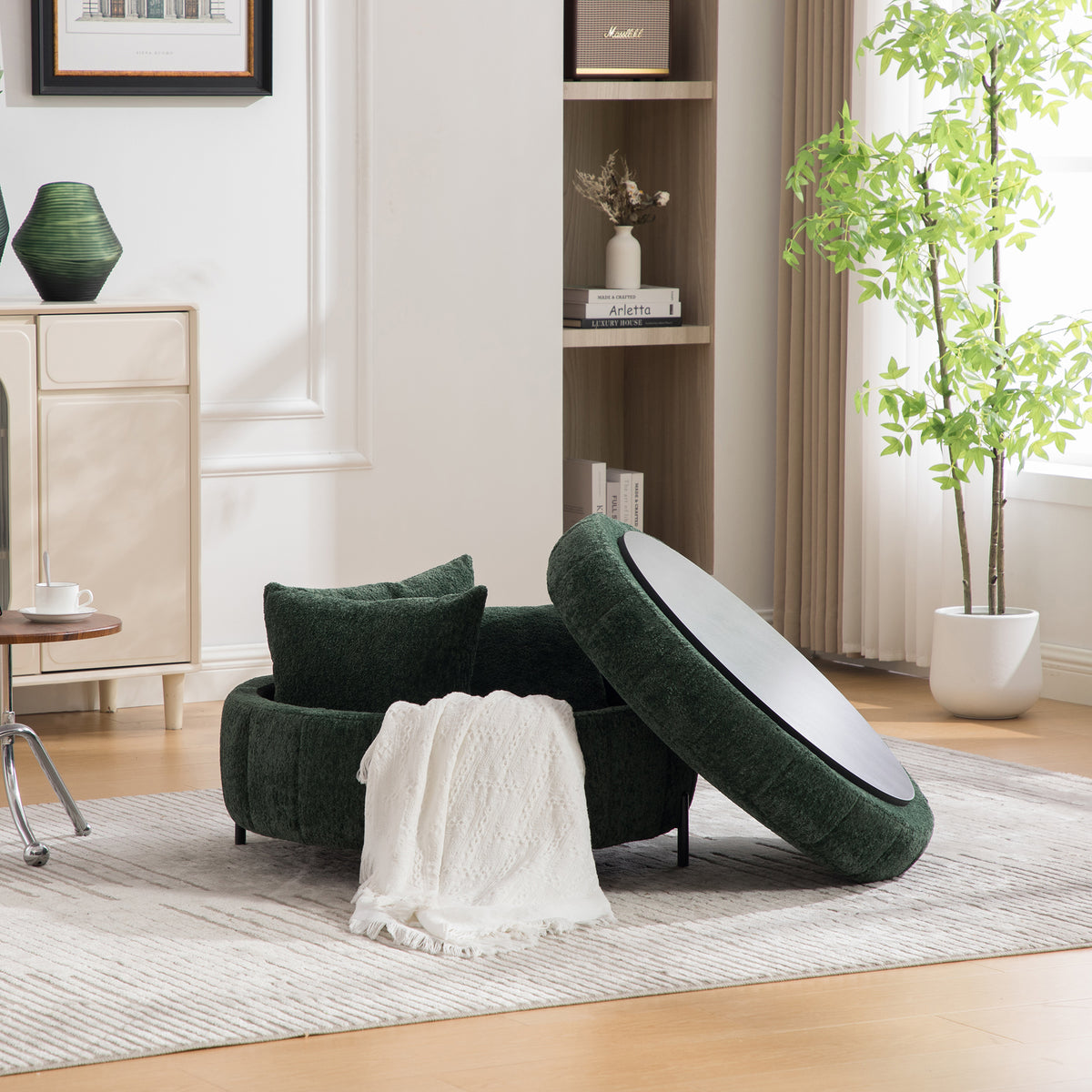 Round Storage Ottoman with Reversible Lid, Green – alternate view 3