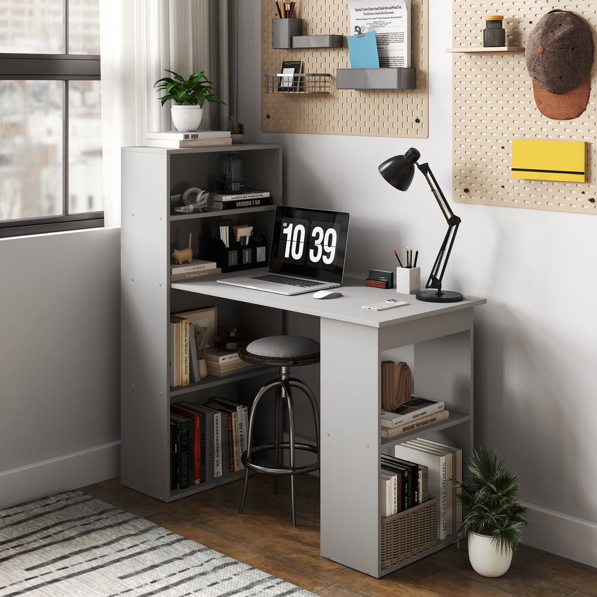 Compact computer desk with 6-tier bookshelf, gray