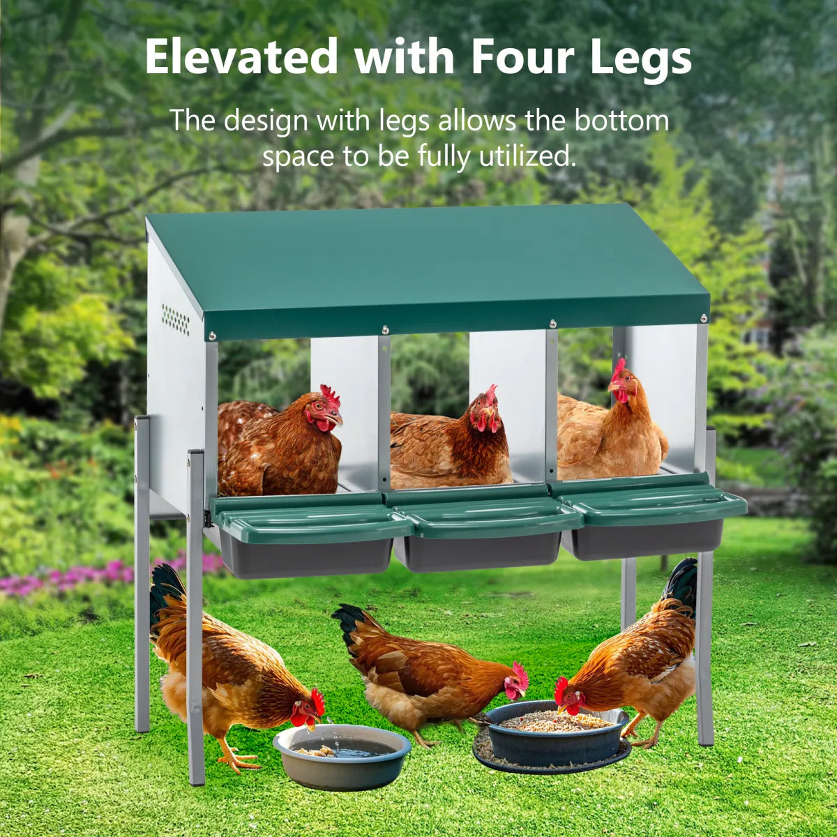 3-Hole Freestanding Chicken Nesting Box with Lid, Green