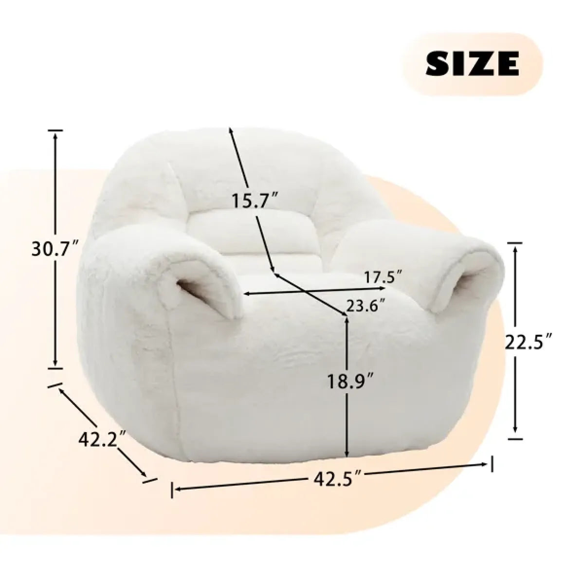 Faux Fur Bean Bag Chair with Back Support – Comfy Stuffed Floor Sofa, White – view 5