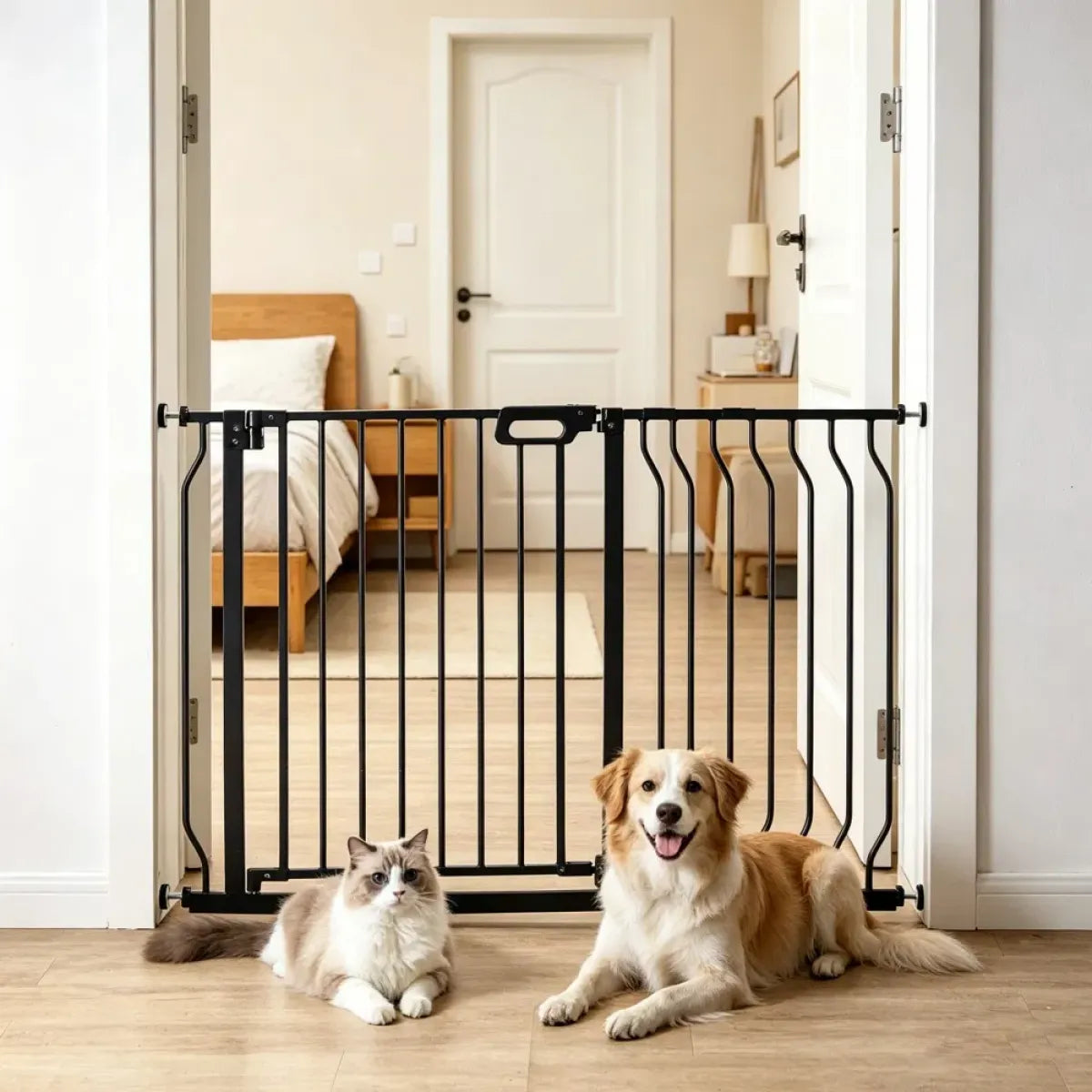 Swing-Open Metal Pet Gate for Hallways and Stairs, Adjustable Width