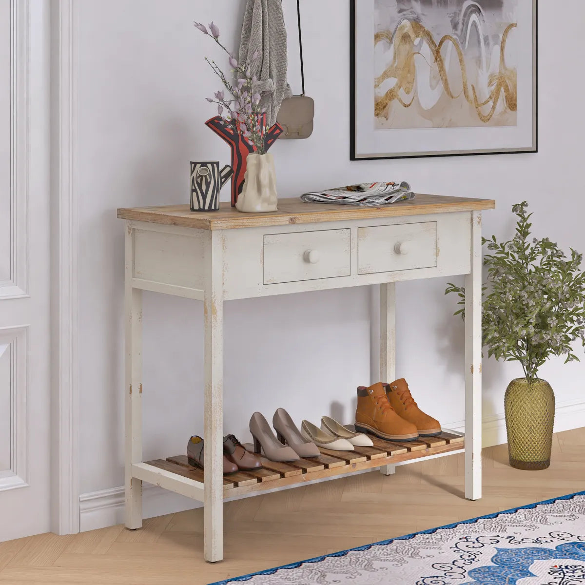 Vintage Two-Drawer Console Table with Open Shelf