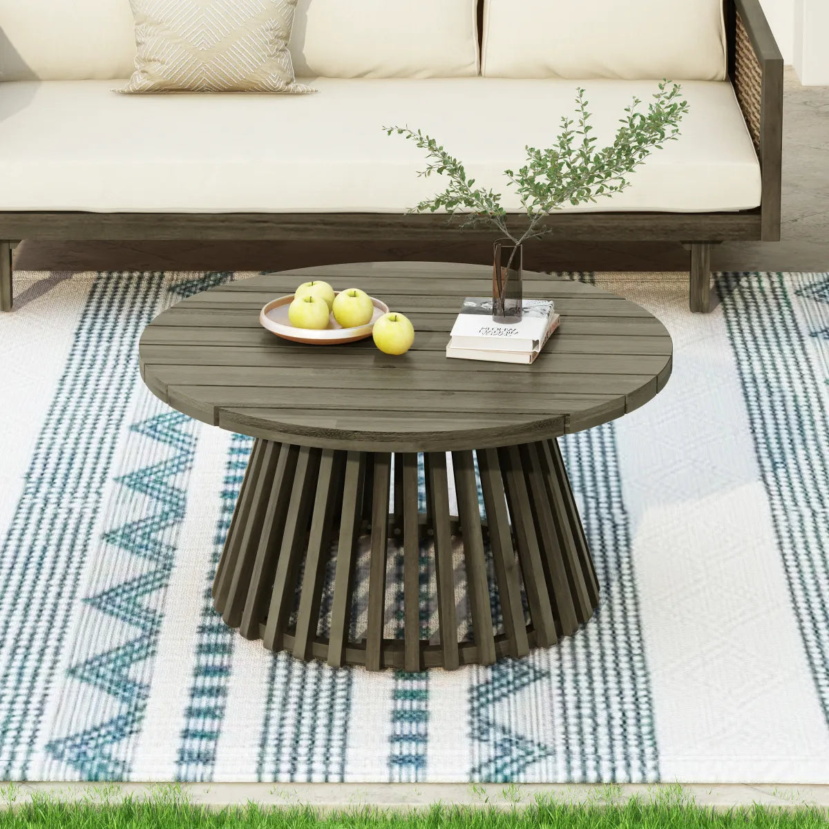 Round Acacia Wood Outdoor Coffee Table, Grey Finish