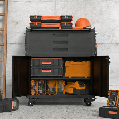 Rolling Metal Tool Cabinet with Lockable Doors and 3 Drawers, Black