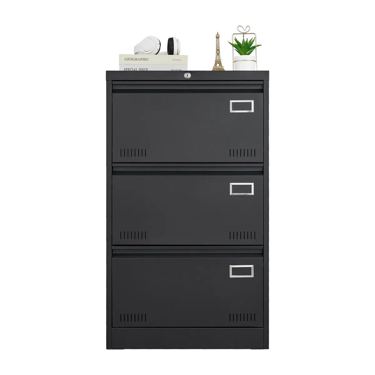 Lateral 3-Drawer Metal File Cabinet, Black – Locking Office Storage