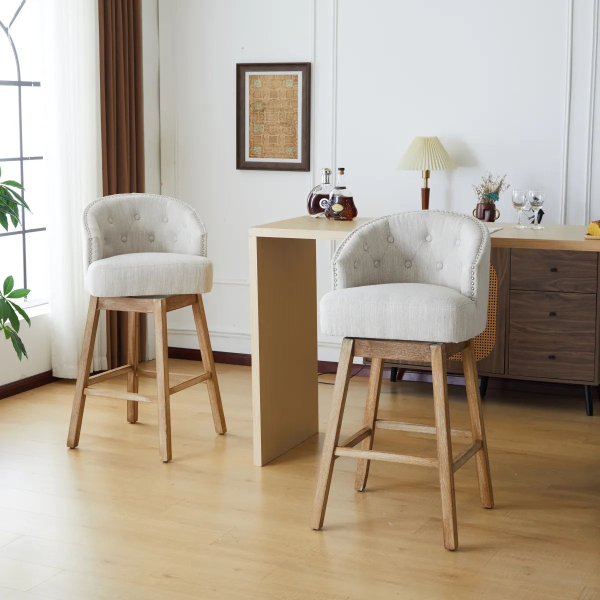 Set of 2 Upholstered Swivel Counter Stools with Backrest, Natural Beige