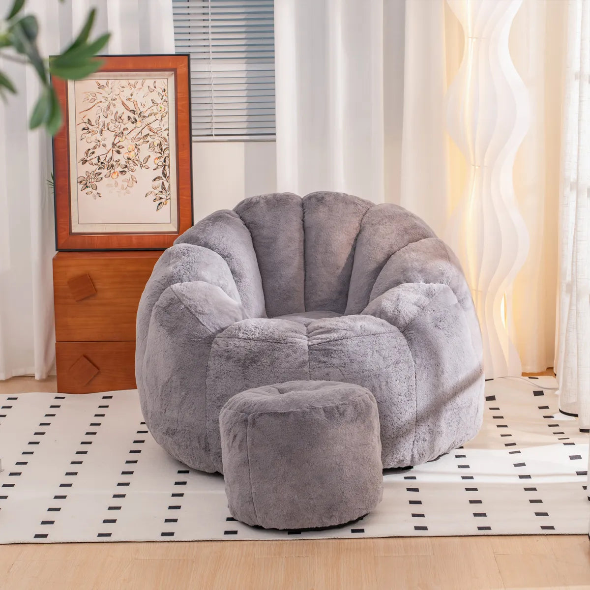 Giant Faux Fur Bean Bag Chair, Shell-Shaped Oversized Floor Sofa, Gray