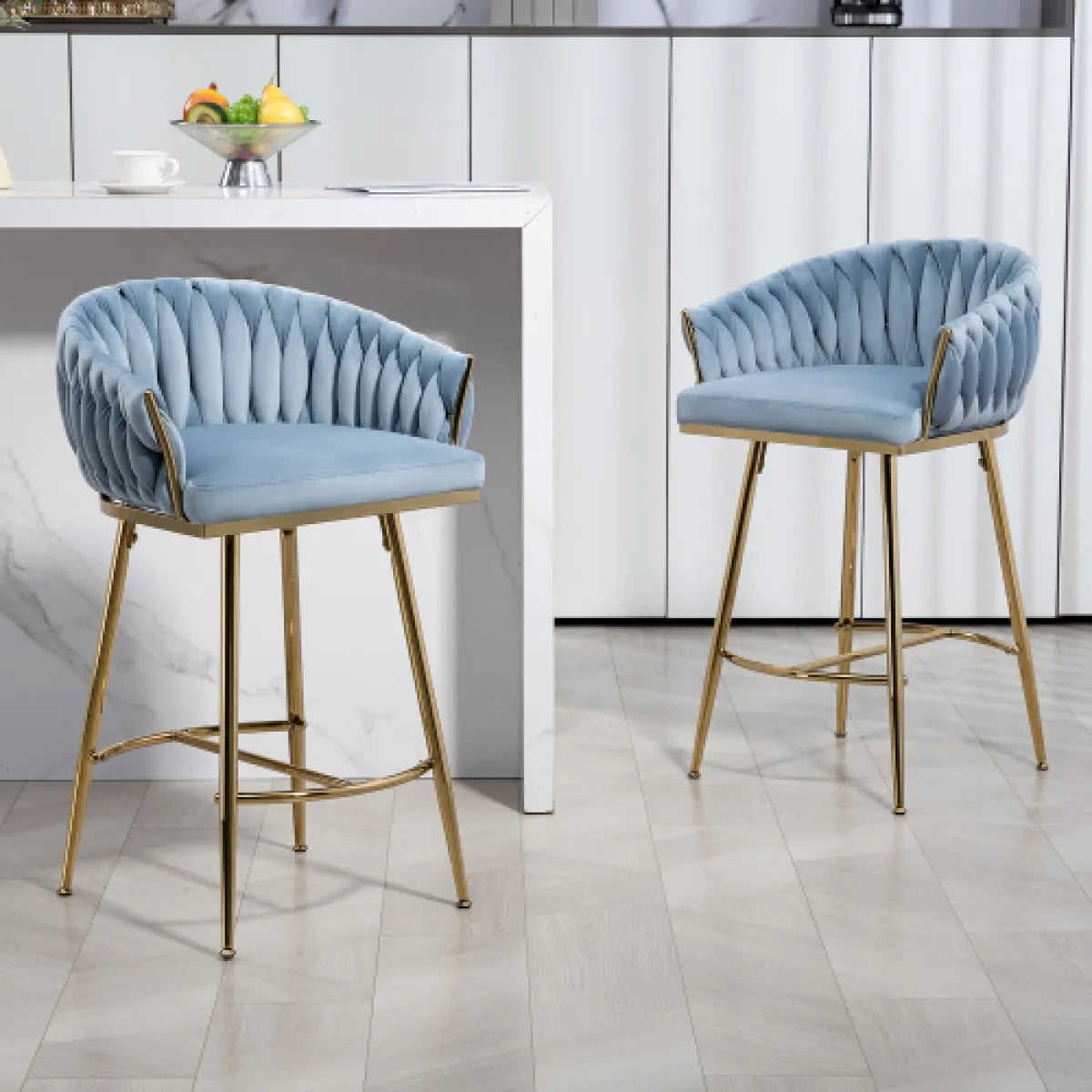 Velvet Wave-Back Counter Height Bar Stool with Gold Base, Beige