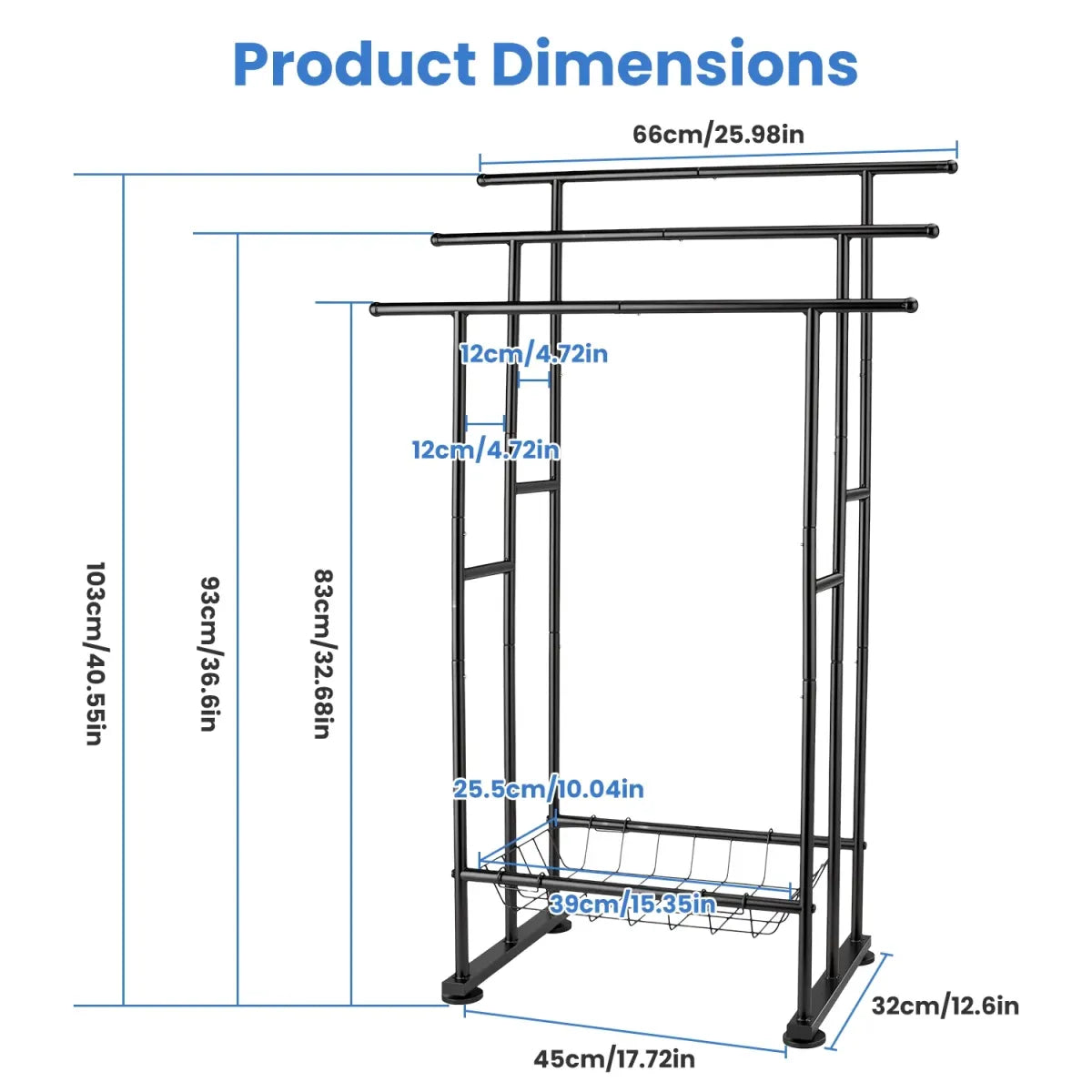 3-Tier Freestanding Towel Rack with Storage Basket, Black
