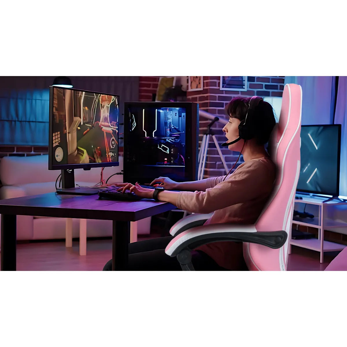 Ergonomic Racing Style Gaming Chair – Massage Lumbar Support, Footrest, Adjustable Headrest, Pink White – view 5