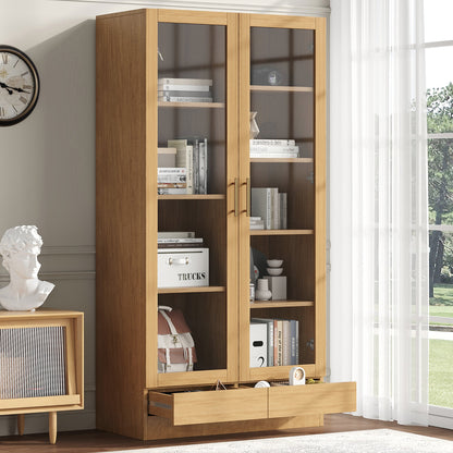 Tall glass display cabinet with drawer