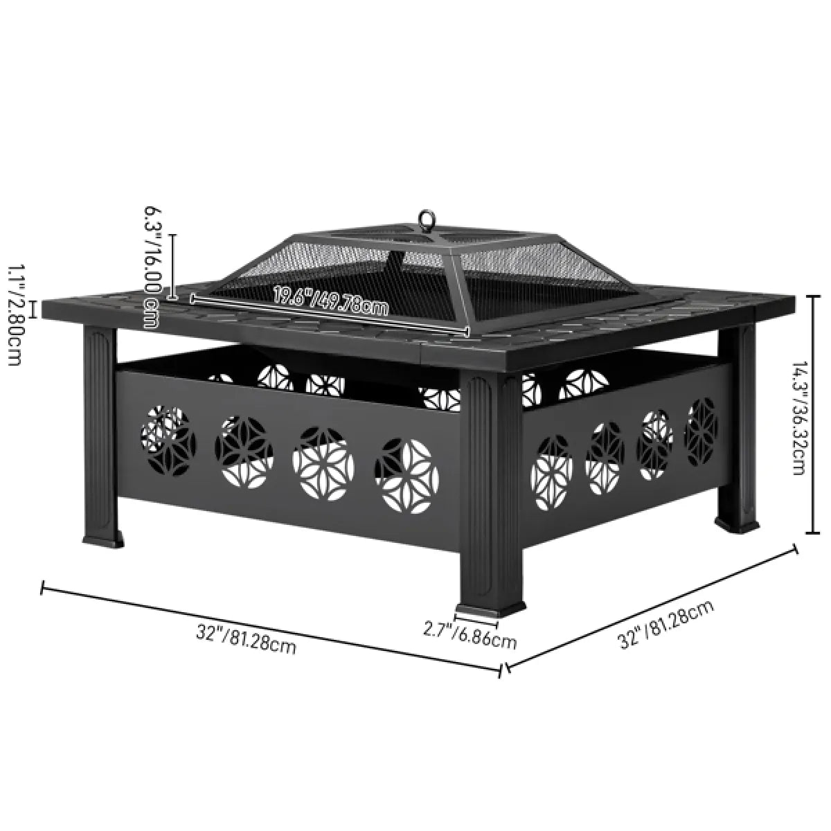 32" Square Wrought Iron Fire Pit Table with Pyramid Screen Lid, Black