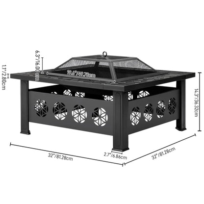 32" Square Wrought Iron Fire Pit Table with Pyramid Screen Lid, Black