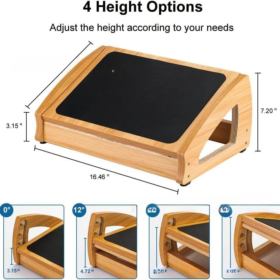 Adjustable wooden footstool for under desk