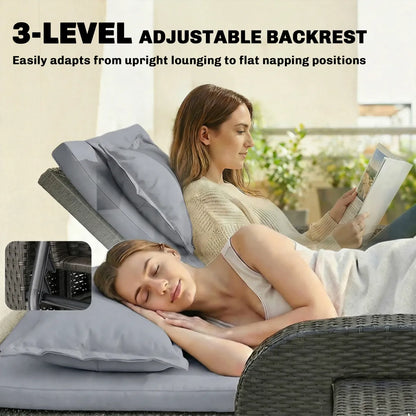 Wicker Outdoor Daybed with Storage Ottoman and Adjustable Backrest, Gray Cushions