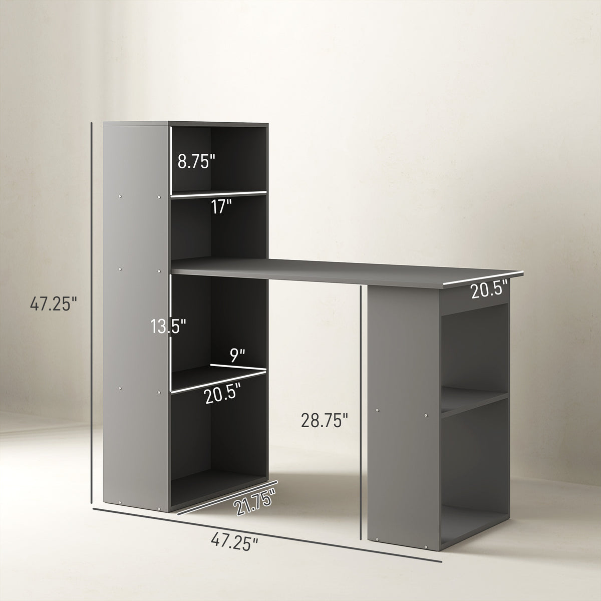 Compact computer desk with 6-tier bookshelf, gray