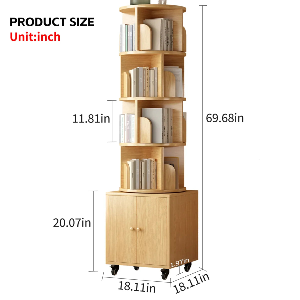 Rotating Corner Bookshelf – 5-Tier With Drawer, Natural Wood Floor-Standing Bookcase – view 2