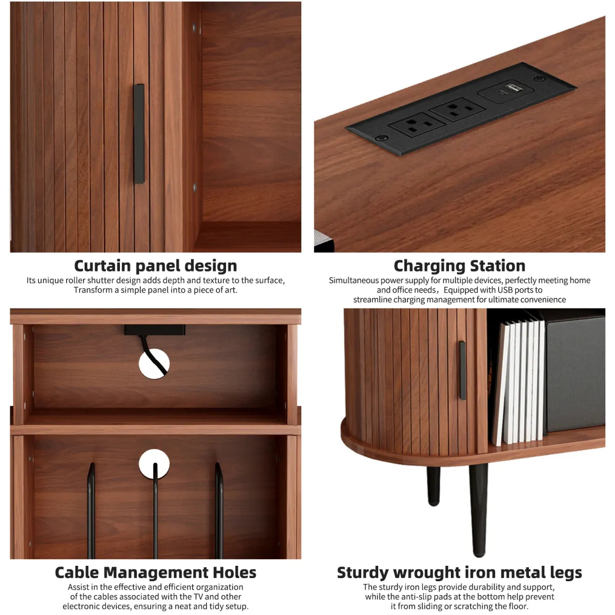 Round Record Player Stand with Charging Station, Walnut