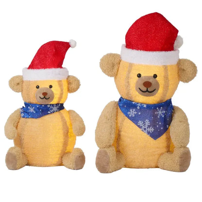 Set of 2 Pre-Lit Plush Bear Christmas Decorations with Warm White LED Lights