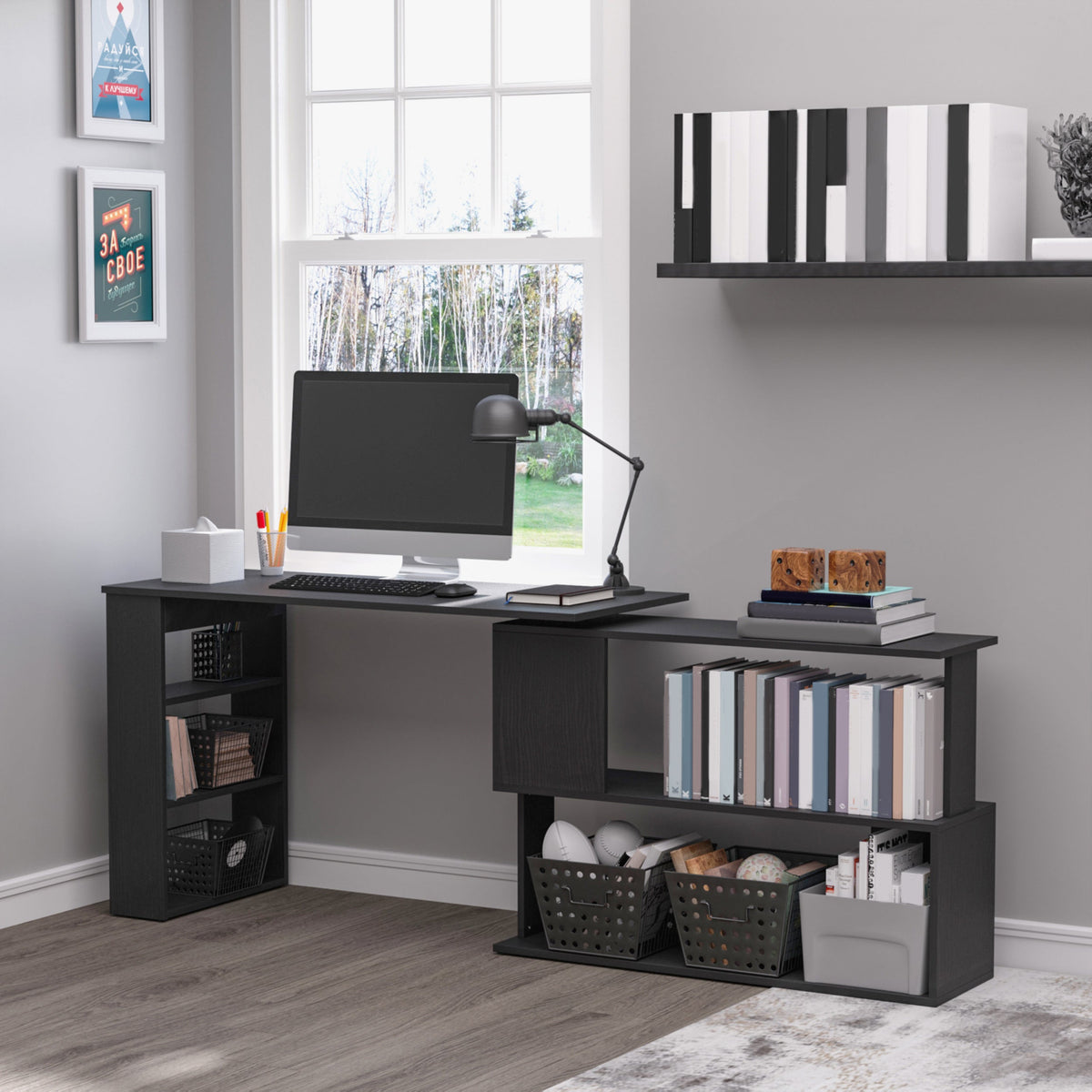 L-shaped rotating corner desk with bookcase, Black