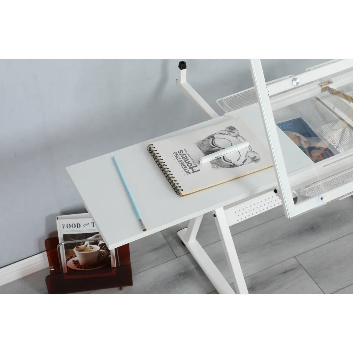 Adjustable Tempered Glass Drafting Table with Chair, White