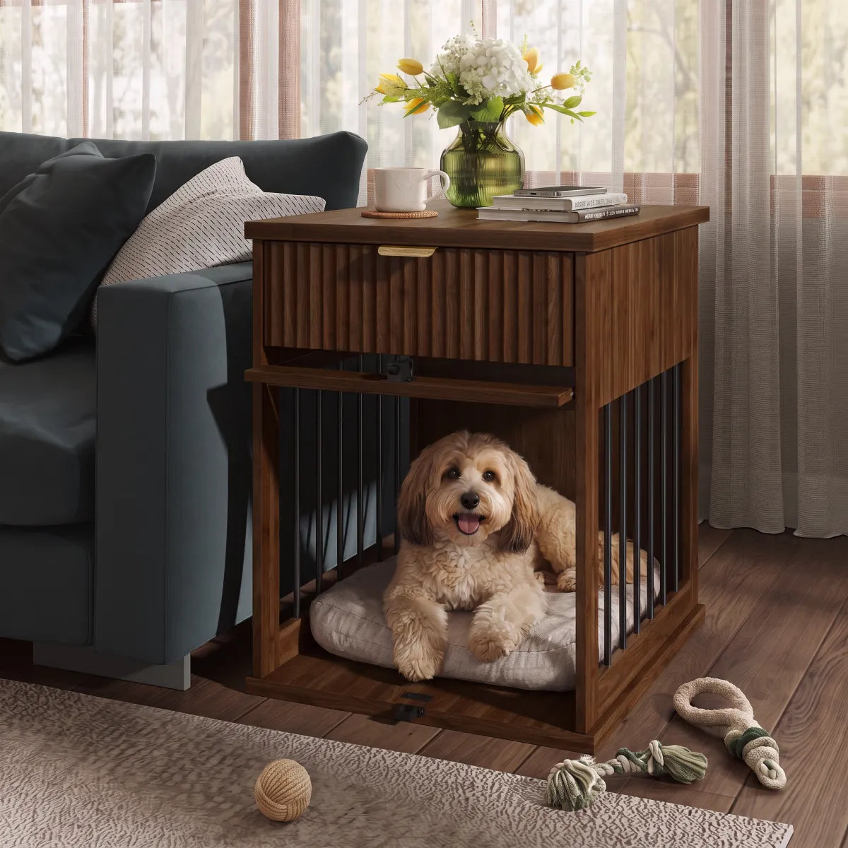 Dog Crate End Table with Charging Station, Wooden Pet Cabinet with Hideaway Glass Door