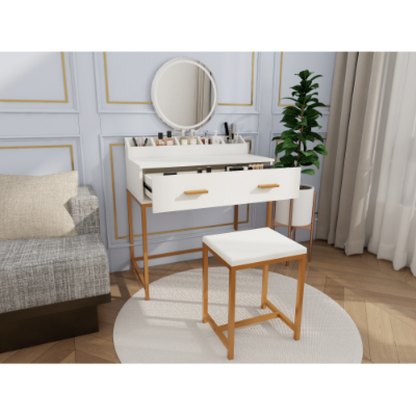 Space-Saving Vanity Set – White & Gold with Mirror, Stool, and Storage Drawer, Bedroom Makeup Station