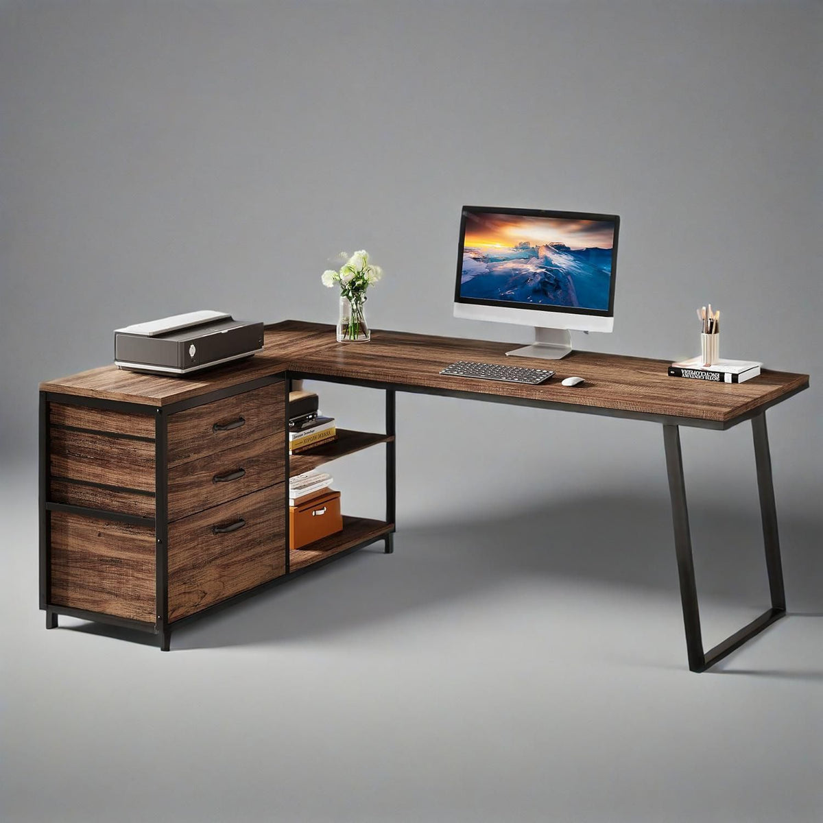 53 inch L-shaped reversible desk with file drawer