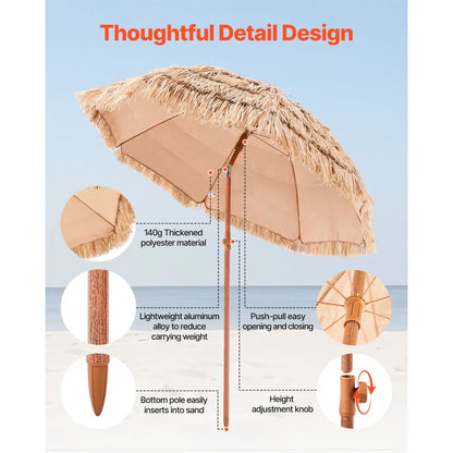6 Ft Thatched Tiki Patio Umbrella – Poolside and Beach Shade