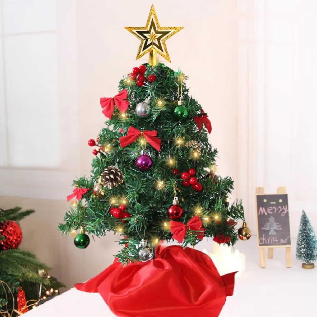 Tabletop Mini Christmas Tree Set with 50 LED Lights and Ornaments